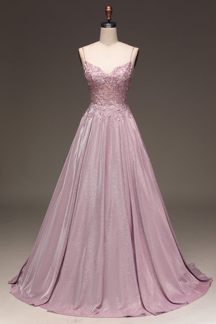 Luolandi A Line Blush Beaded Spaghetti Straps Prom Dress Floor Length Sparkly Evening Dress